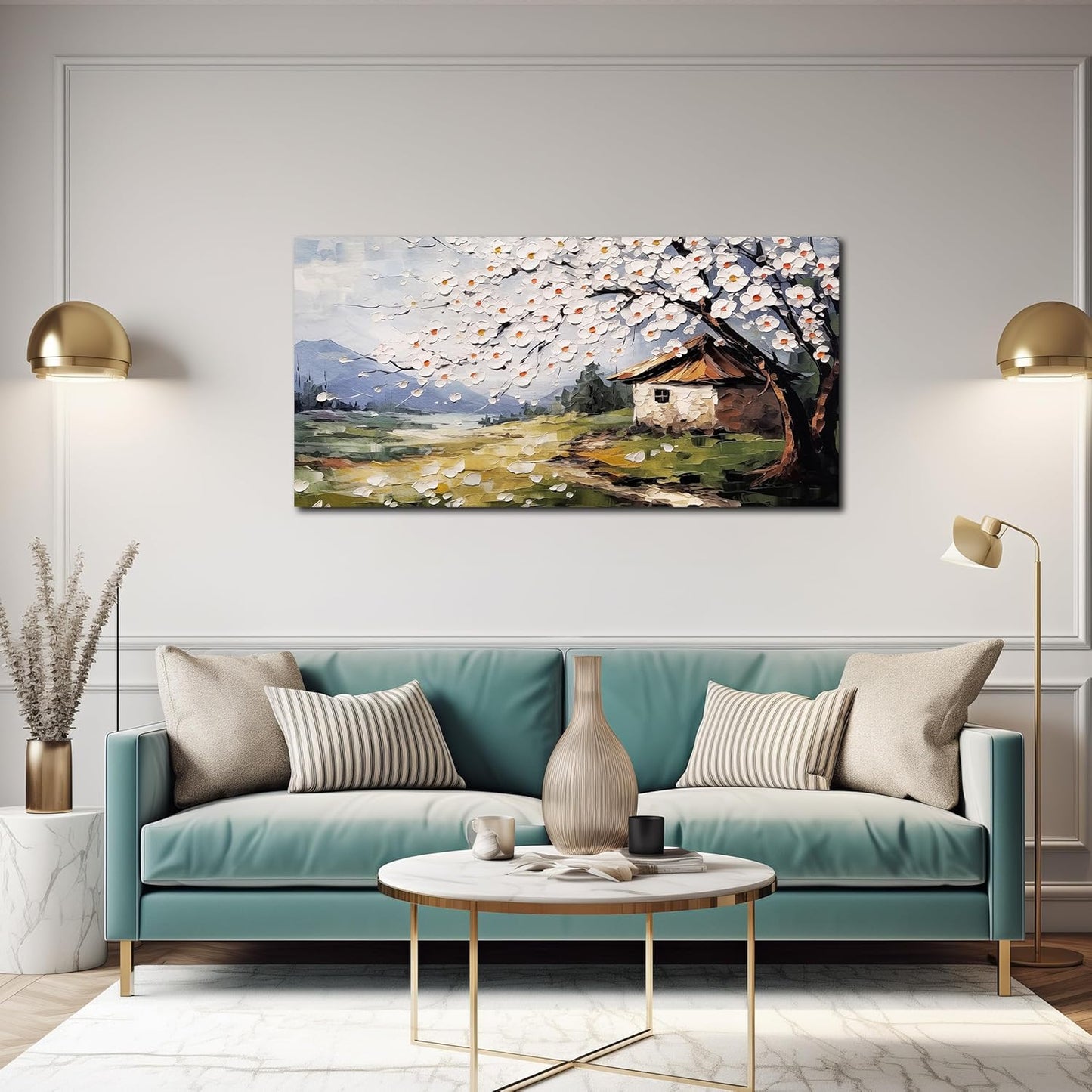 Large Canvas Wall Art for Living Room Farmhouse Decor Pictures Abstraction Landscape Wall Art Decor Prints Plum Blossom Artwork Countryside Canvas Painting Wall Decor for Bedroom with Frame 20x40 IN