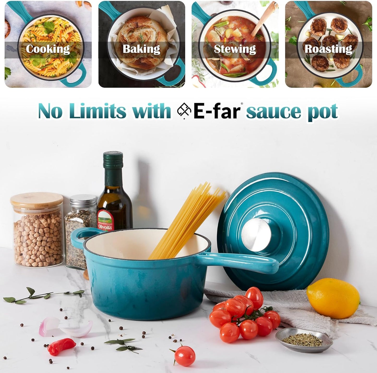 E-far Sauce Pan Set with Lid, 1Qt & 2Qt Enameled Cast Iron Pot Sets for Kitchen Cooking, Small Heavy Duty Dutch Oven Saucepans & Self-basting Lids, Induction-Ready & Easy Clean, Green