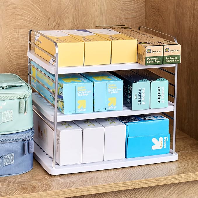 YouCopia UpSpace Cabinet Box Organizer, Adjustable Kitchen Pantry Shelf for Plastic Wrap and Foil Storage, Large Premium Edition