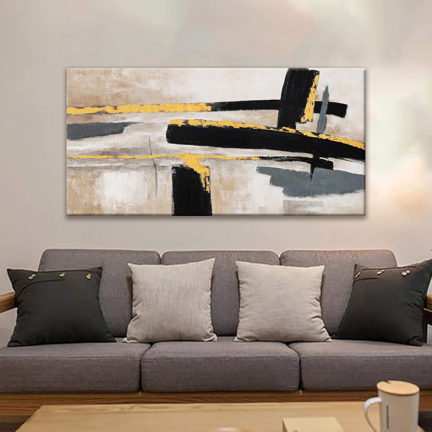 QSQ Abstract Wall Art Canvas Wall Art Decor Black And Gold Wall Art Paintings Abstract Wall Decor Artwork For Living Room Bedroom Bathroom Office Home Wall Decor Can Be Hung Directly 24" X 48"