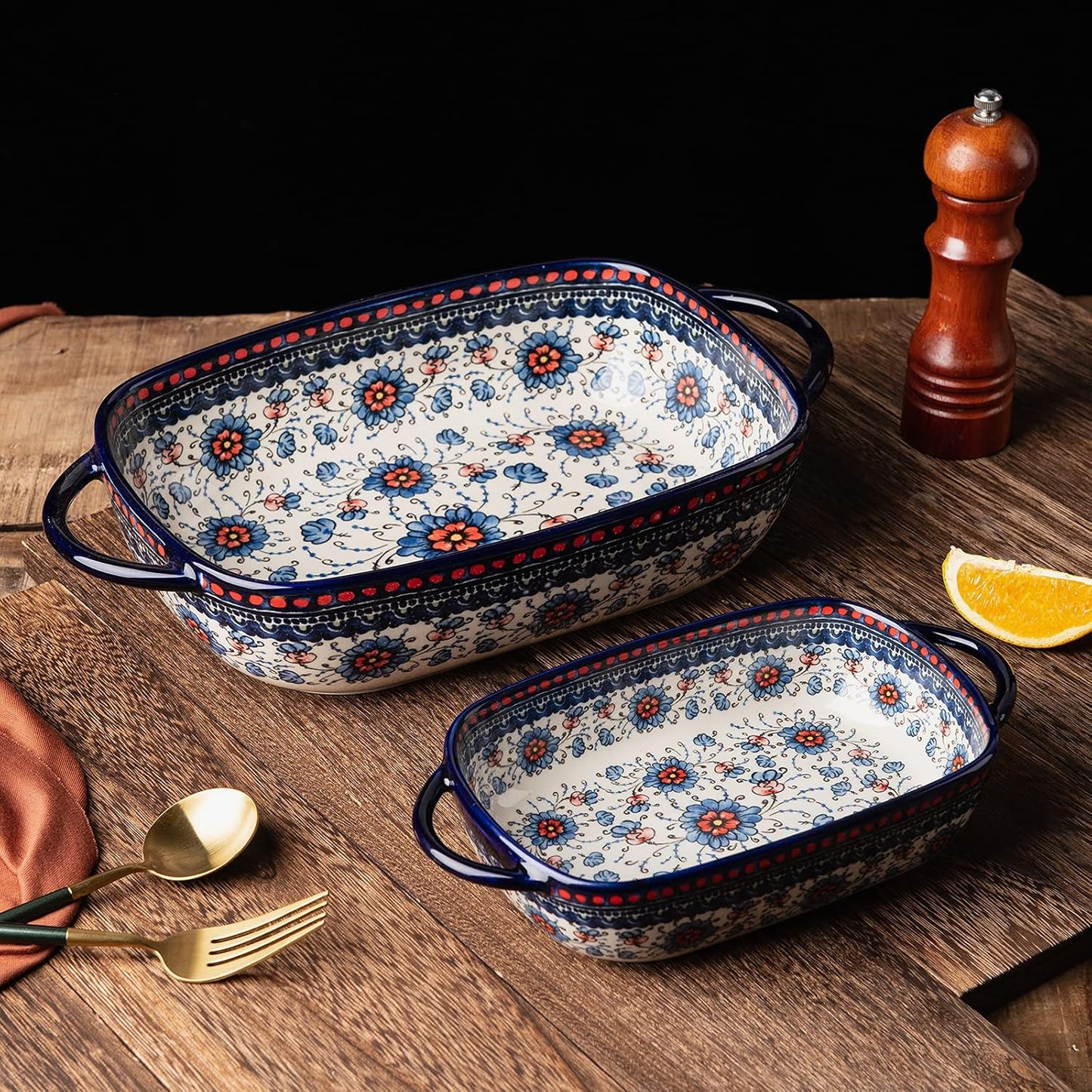 Baking Dish Ceramic Baking Pan Blue Casserole Dish Rectangular Baking Set 2pcs Bakeware Sets Lasagna Pan Baking Dishes for oven (Blue plasma grass)