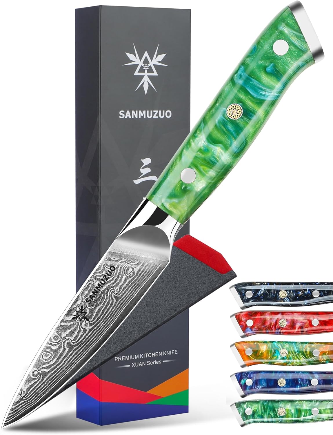 3.5 Inch Paring Knife - Kitchen Fruit Vegetable Knife Damascus Steel & Resin Handle - Xuan Series (Jade Green)