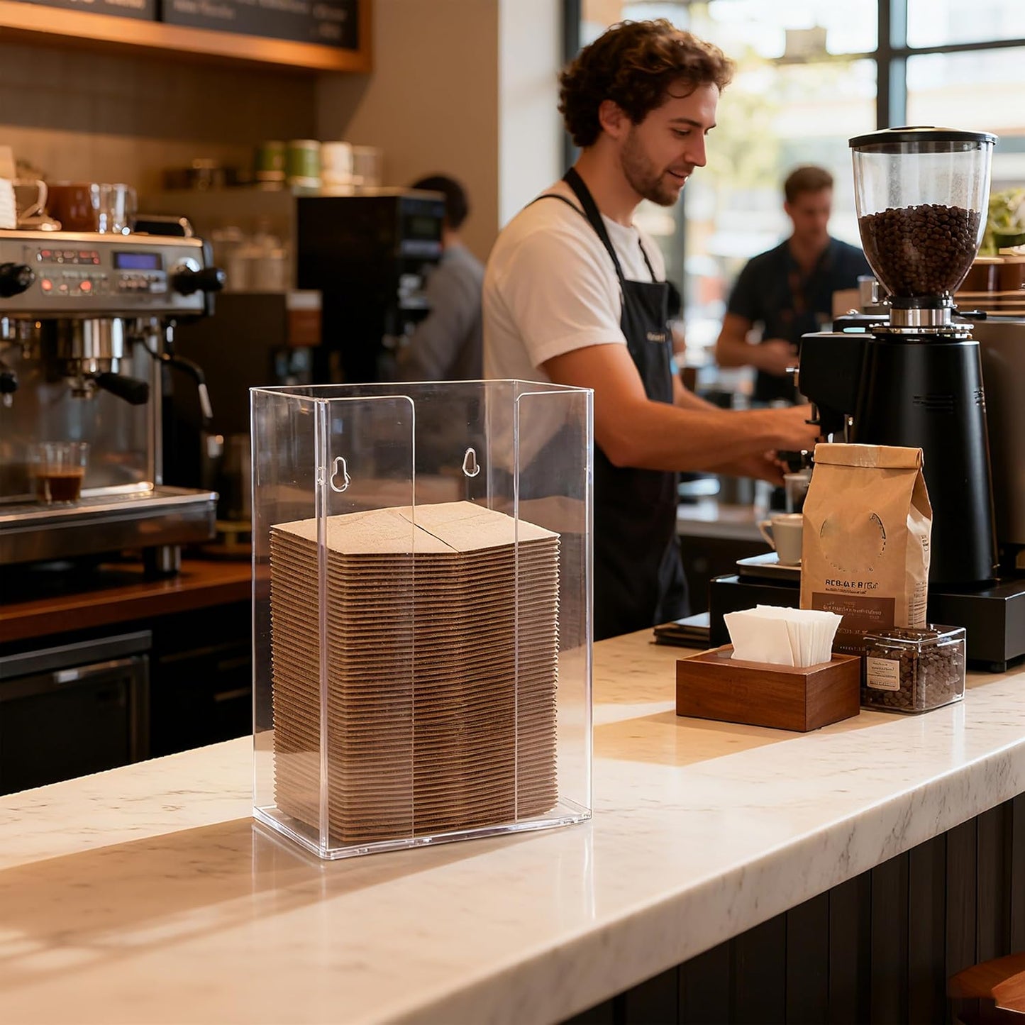 Coffee Cup Sleeve Organizer Rack-Acrylic Coffee Collar Holder Storage for Disposable Kraft Paper Cup Sleeves,Coffee Shop/Home/Kitchen Organization,Countertop or Wall Mount(Clear)