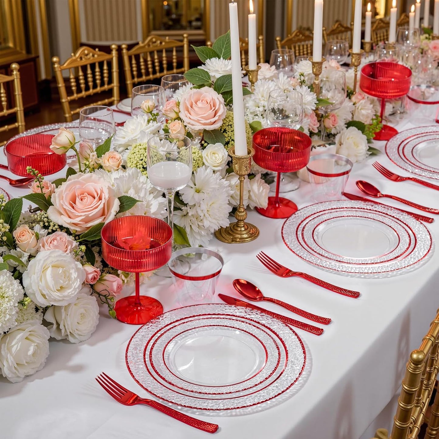 Ciaell 150 PCS Red Plastic Plates – Clear Hammered Disposable Plates with Red Rim include 50Plates, 25Forks, 25Knives, 25Spoons, 25Cups for Wedding & Party & Anniversary & Christmas