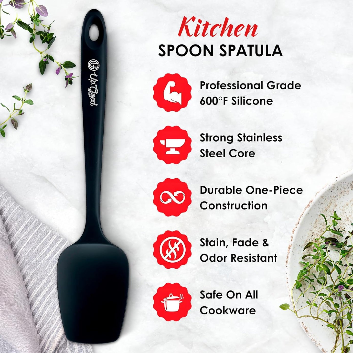 Silicone Spoon Spatula - 600ºF Heat-Resistant Non-Stick Rubber Spoonula | Use as Silicone Kitchen Scraper Utensil - Baking and Cooking Strong Stainless Steel Core | UpGood Kitchen Utensils, (Black)