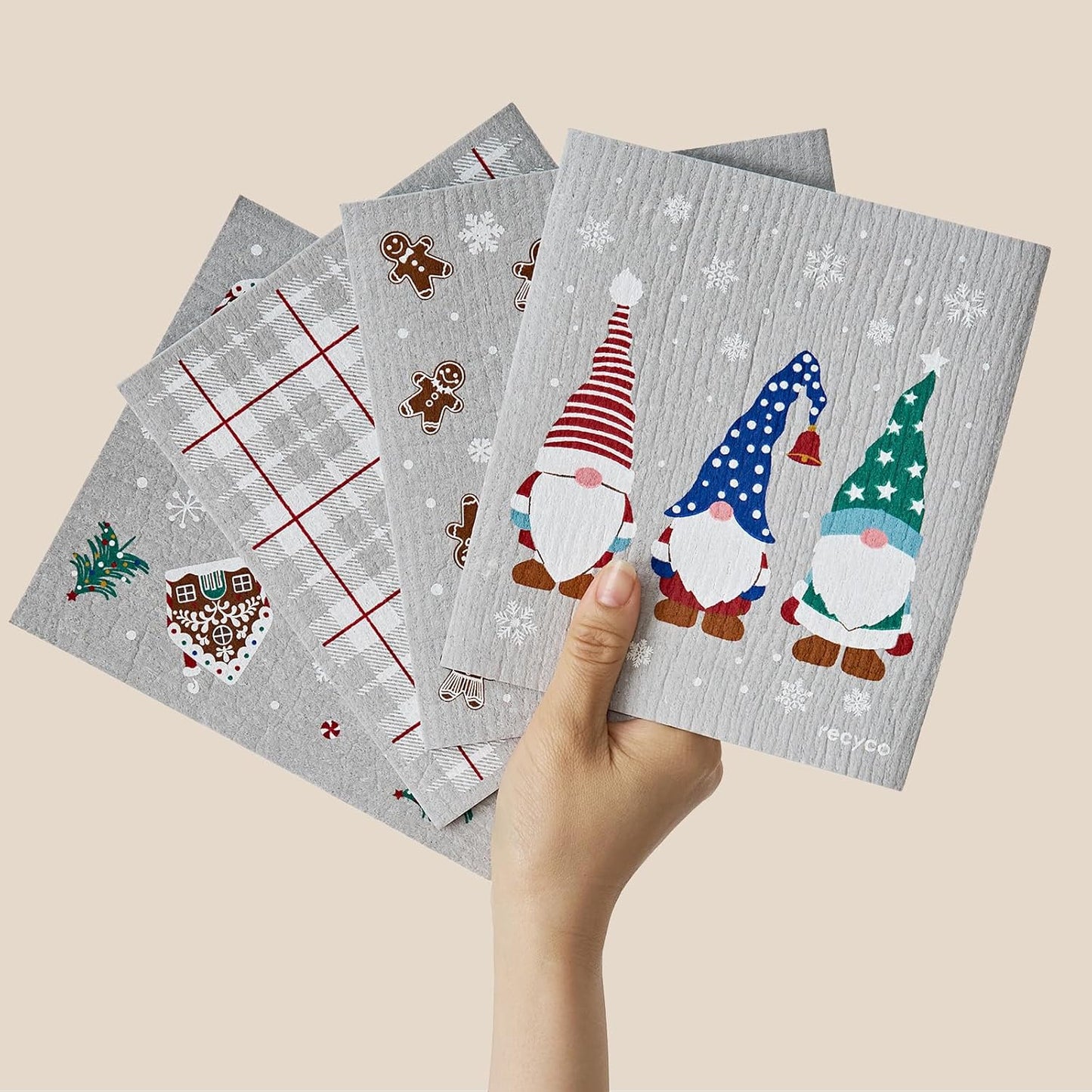 RECYCO Swedish Dishcloths for Kitchen | 4 Pack Cookie Joy Washable Dish Rags | Cellulose Reusable Cleaning Paper Towels | Absorbent Counter Dish Cloth Sponge Kitchen Wipes, 8" L x 7" W