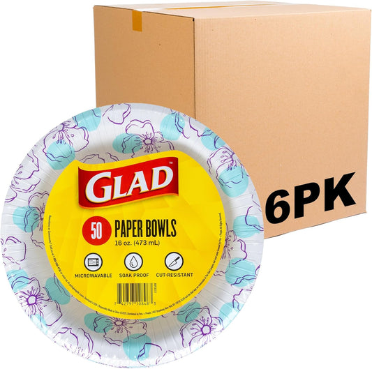 Glad Round Disposable Paper Bowls, Blue Flower Design - Heavy Duty, Soak Proof, Cut-Resistant, Microwavable Bowl for All Foods & Daily Use, 16 Oz, 50 Count - 6 Pack