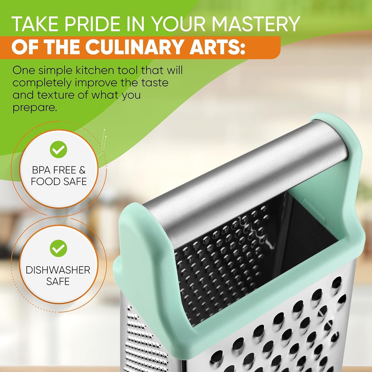 Spring Chef Professional Cheese Grater - Stainless Steel Box Grater for Kitchen, XL Size - Perfect 4 Sided Shredder for Parmesan Cheese, Vegetables, Ginger - Dishwasher Safe - Mint