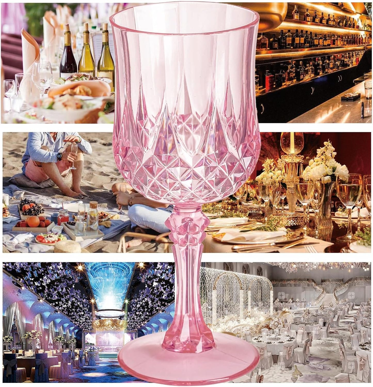 7OZ Plastic Wine Glasses, 24Pcs Pink Reusable Drinking Cups Vintage Champagne Flutes, Plastic Crystal Water Goblets for Parties Stemmed Shatterproof Drinking Glasses for Wedding, Toasting Party