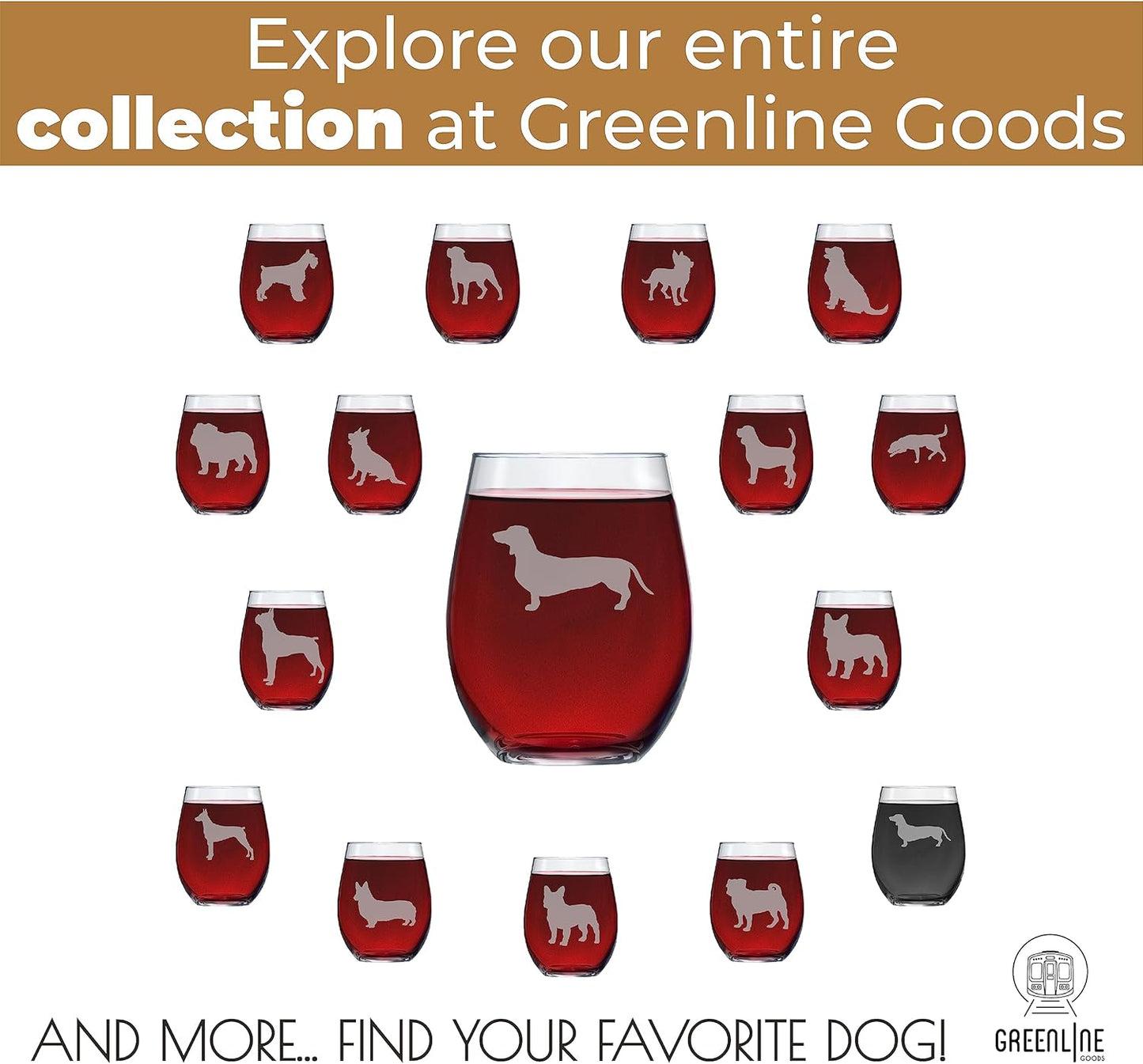 Greenline Goods Dachshund Stemless Wine Glasses (Set of 2) - Unique Gift for Weiner Dog Lovers - Etched 2-Sided Silhouette with Breed Name on the Bottom