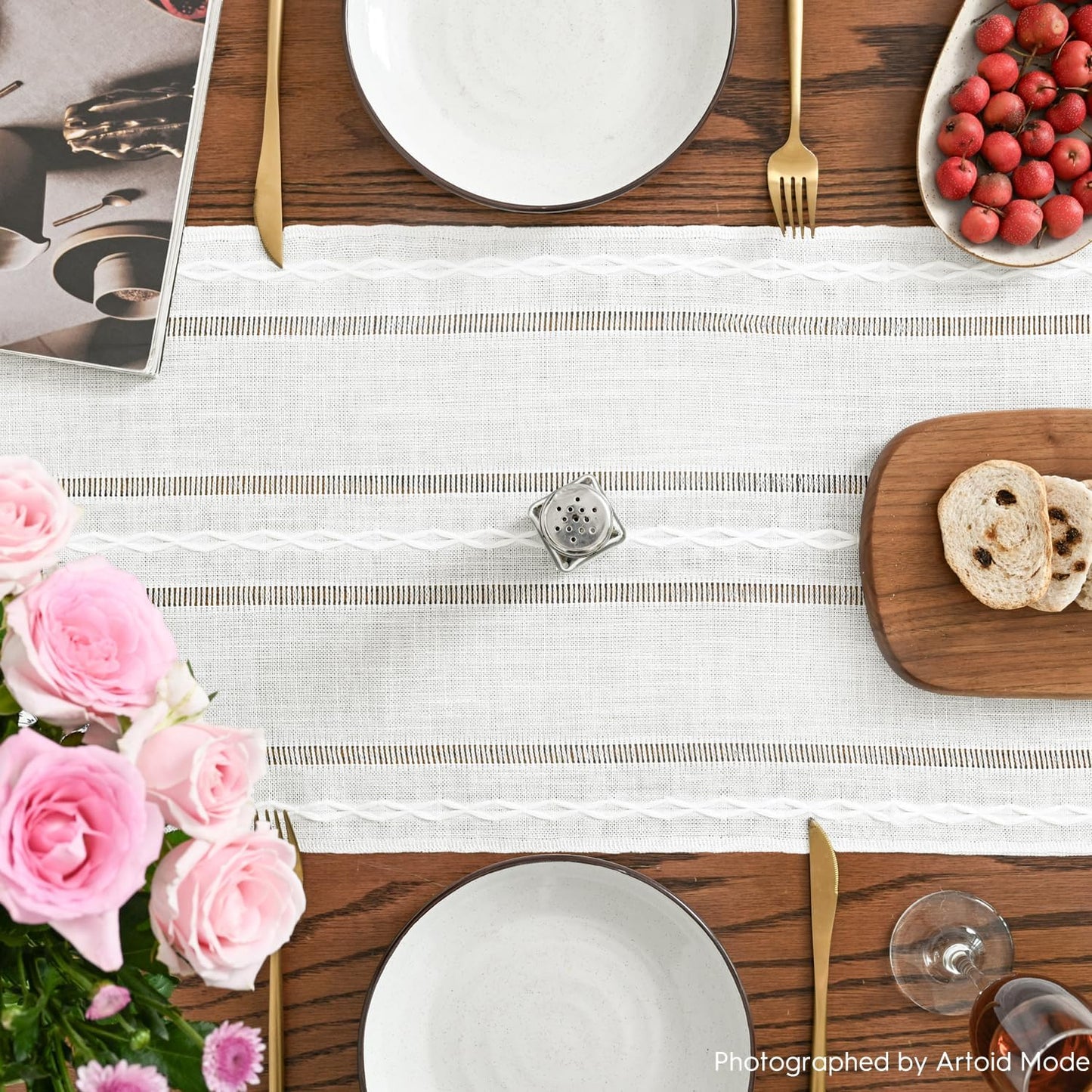 Artoid Mode Rustic Cotton Linen Table Runner, Seasonal Embroidered Hollow Kitchen Dining Table Decoration for Home Party Decor 13x90 Inch