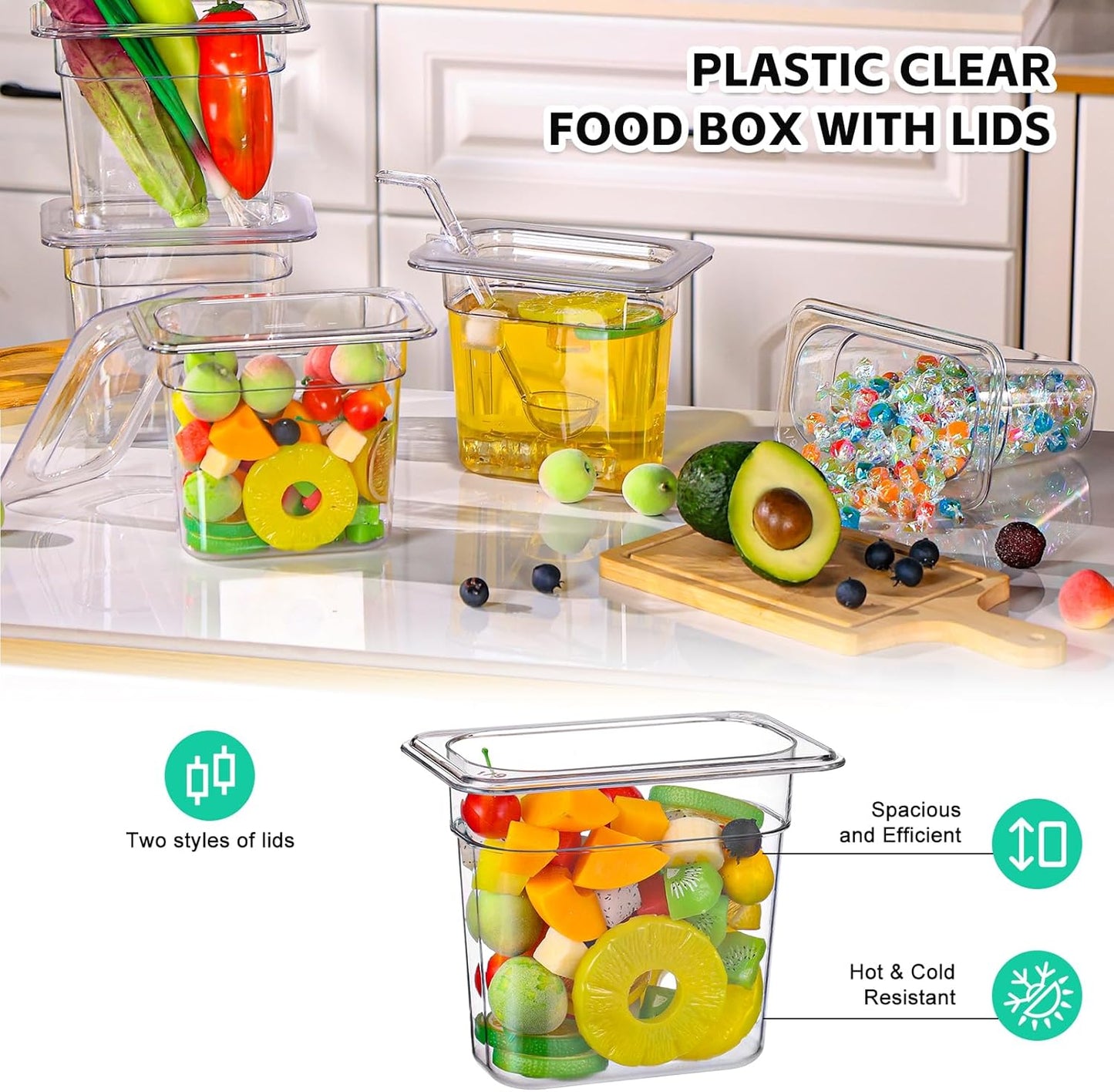 12 Pack Plastic Clear Food Pans with Lids, 1/9 Size 6'' Deep Commercial Stackable Polycarbonate Pans Hotel Food Storage Pan with 1 Pcs Spoon for Fruits Vegetables