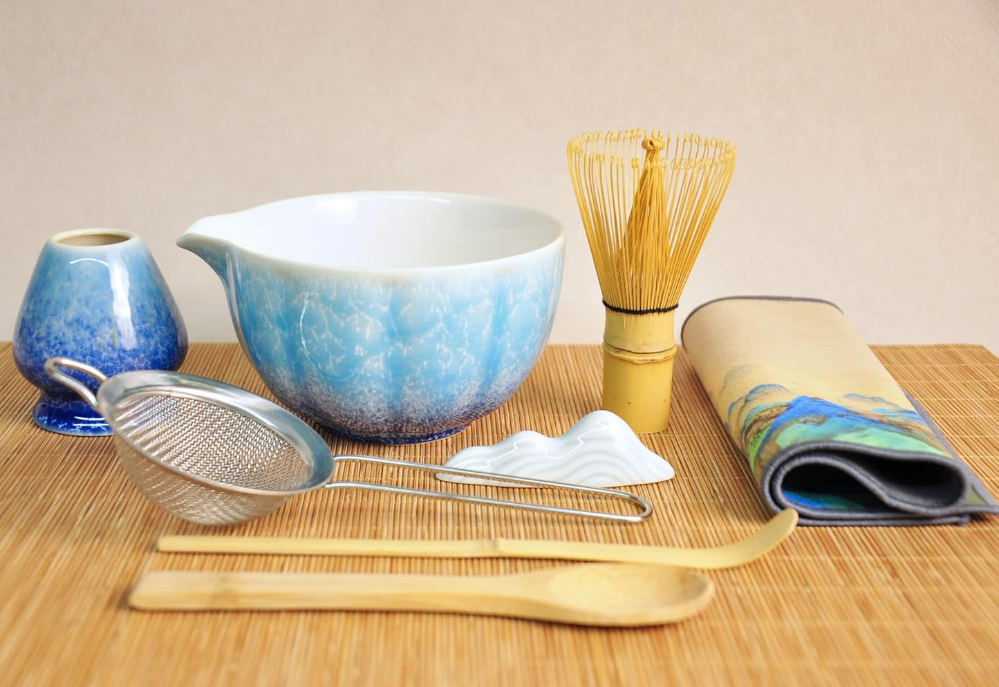 Matcha Whisk set, 8pcs Matcha Making Kit Includes Ceramic Bowl, Bamboo Whisk (Chasen), Whisk Holder, Sifter, Bamboo Scoop, Scoop Rest, Tea Towel, Macha kit for Matcha Tea Ceremony, Blue