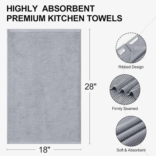 Homaxy Premium Kitchen Towels (18"x 28", 8 Pack), Large 100% Cotton Kitchen Hand Towels, Ultra Absorbent Ribbed Terry Tea Towels Set with Hanging Loop, Grey