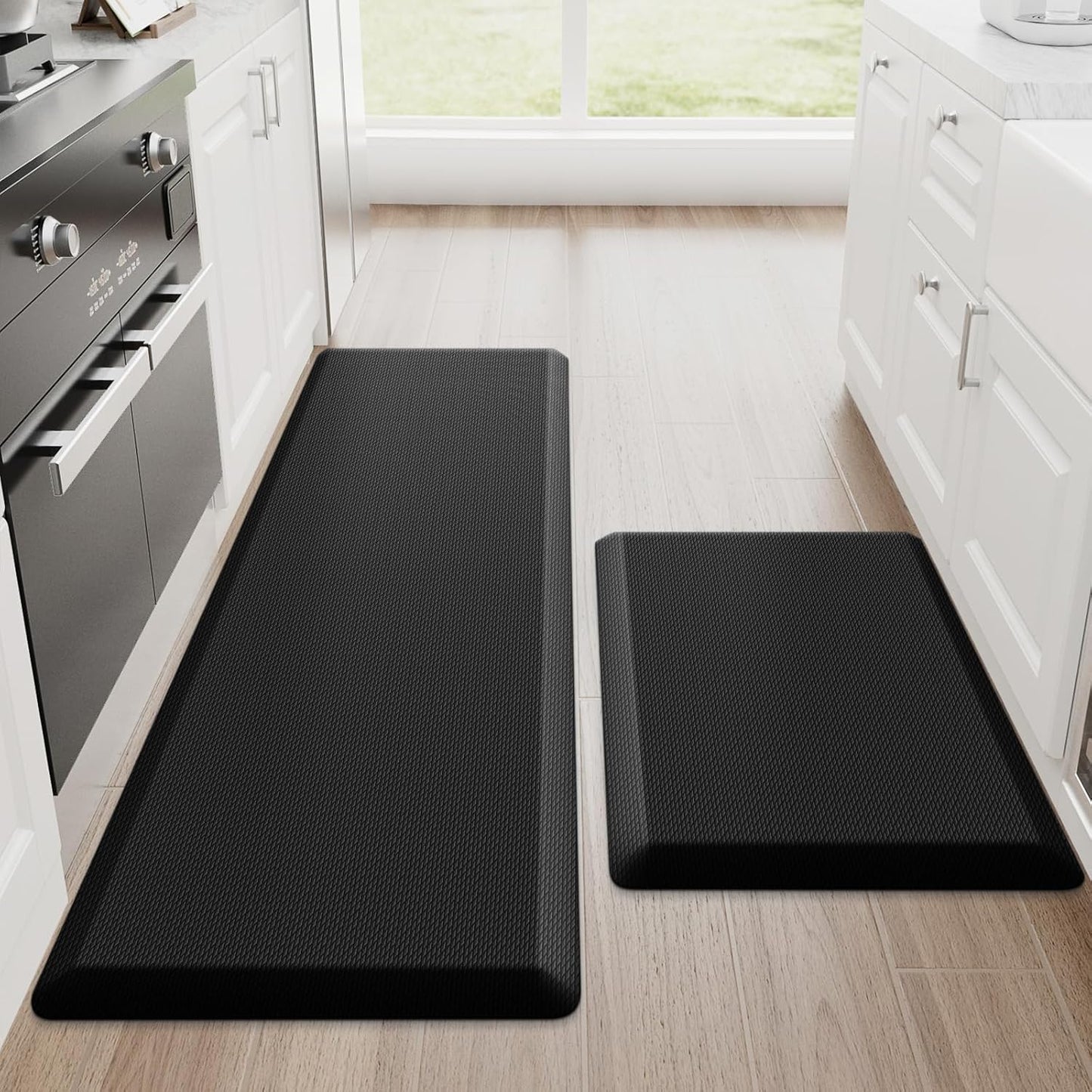 StepRite Kitchen Mats, 2PCS Kitchen Rugs, Cushioned Anti Fatigue Kitchen Mats for Floor, Non-Slip Standing Desk Mat, Waterproof Kitchen Rug Set for Kitchen, 20" x 32"+20" x 48"-Full 1 inch Thick,Black