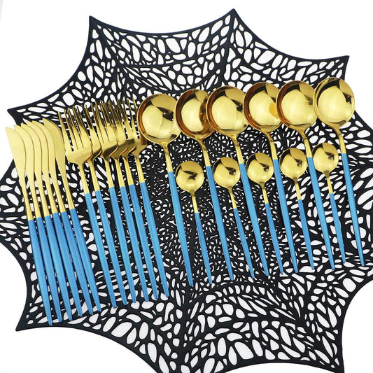 Shiny Silverware Sets, 24-Piece Elegant Cute Blue Handle Gold Cutlery set,304 Stainless Steel Silverware Set for Eating Home Kitchen Hotel Restaurant, Sets for 6 People, Dishwasher Safe