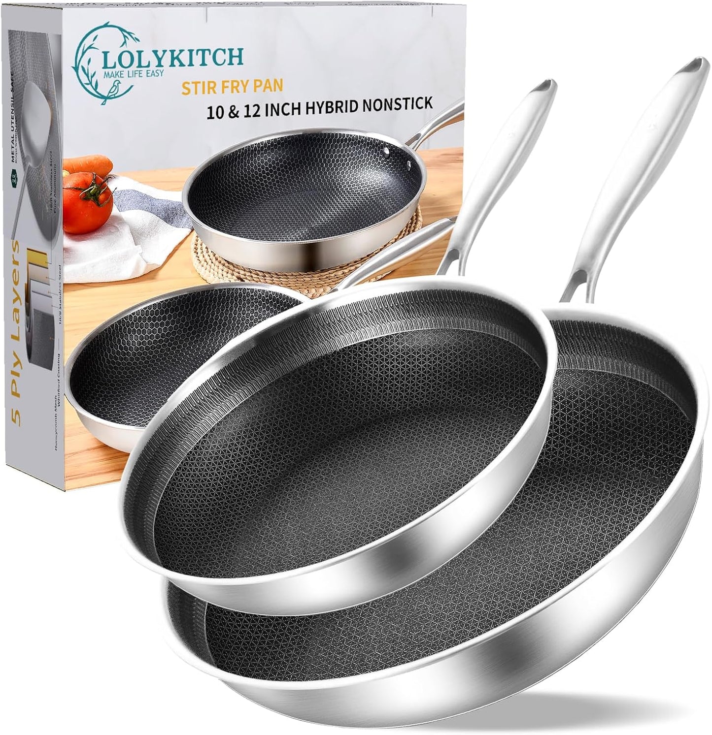 LOLYKITCH 10-12 Inch Hybrid Tri-Ply Stainless Steel Nonstick Chef's Frying Pan Set,Skillets,Induction Cooking Pan,Oven & Dishwasher Safe.