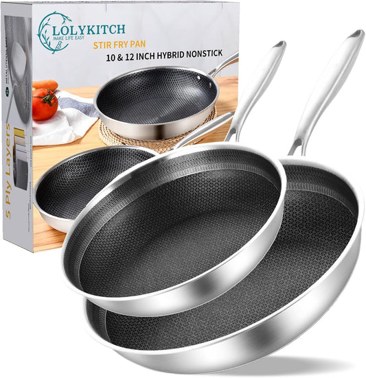 LOLYKITCH 10-12 Inch Hybrid Tri-Ply Stainless Steel Nonstick Chef's Frying Pan Set,Skillets,Induction Cooking Pan,Oven & Dishwasher Safe.