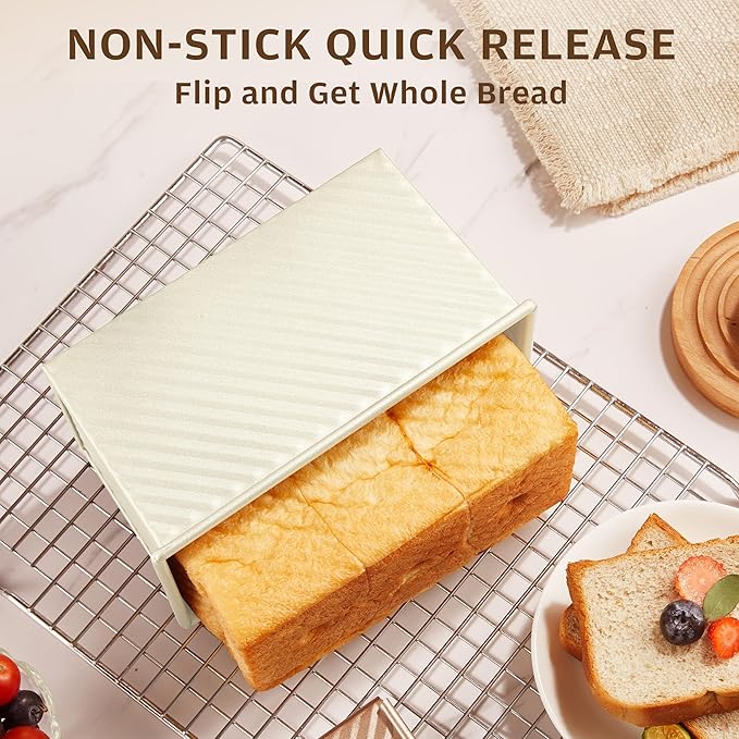 KITESSENSU Pullman Loaf Pan with Lid, 1 lb Dough Capacity Non-Stick Bakeware for Baking Bread, Carbon Steel Corrugated Bread Toast Box Mold with Cover,Cream