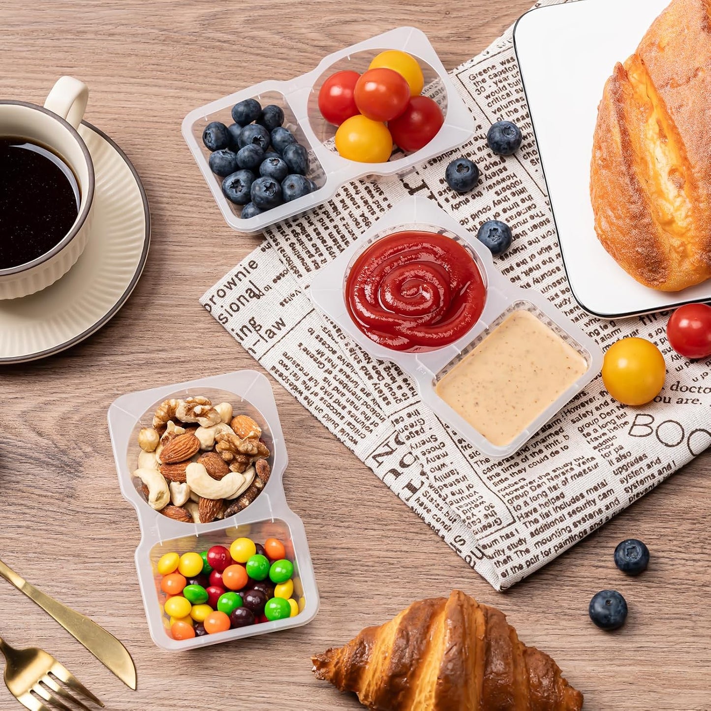 15 Set Reusable Snack Containers with Lids, 2-Compartment Leakproof Sauces Dipping Containers, On-the-Go Snack Pack Containers for Kids and Adults, BPA-Free