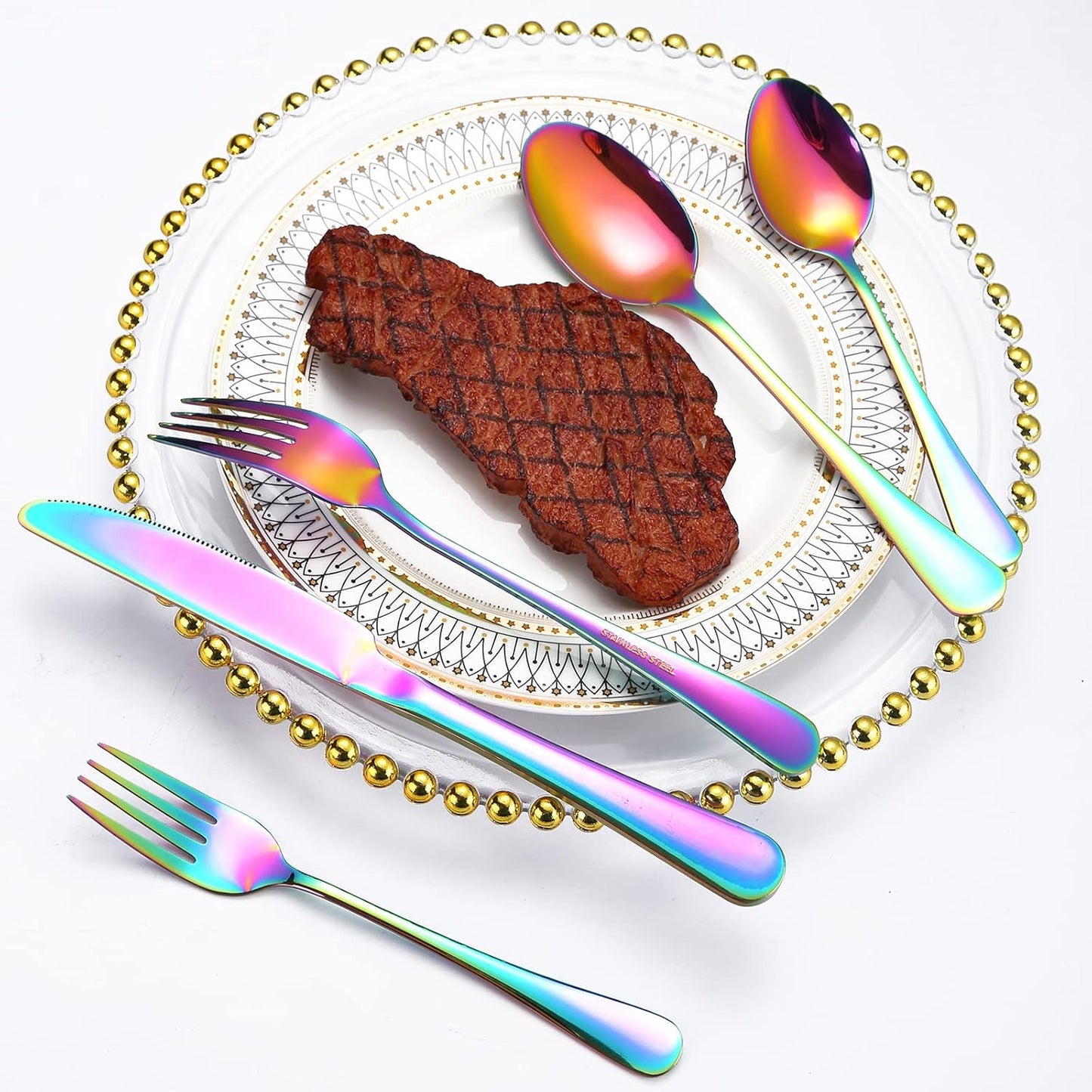 Rainbow Silverware Set for 12 Colored Flatware 60 Pieces Stainless Steel Cutlery Colorful Spoon Fork Knife Kitchen Utensils Restaurant Festival Parties Everyday Use