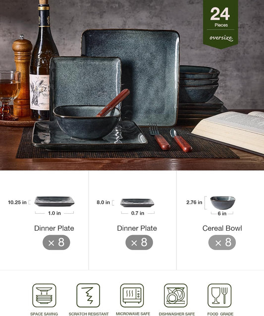 Famiware Dinnerware Sets for 8, Ocean Square 24-Piece Kitchen Plates and Bowls Sets, Microwave and Dishwasher Safe, Scratch Resistant, Deep Forest