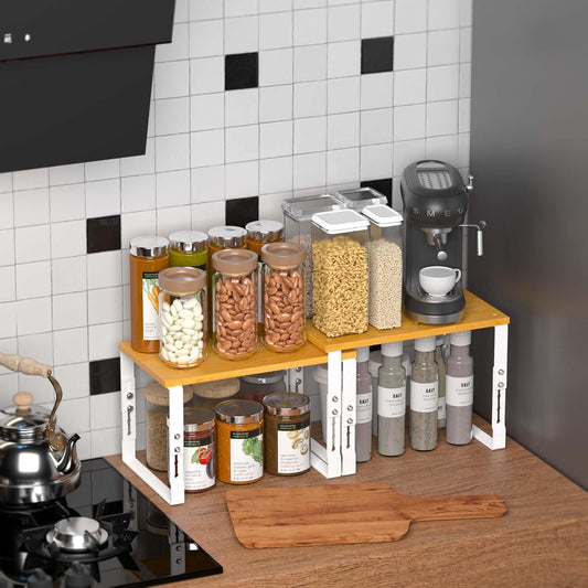 Expandable Kitchen Cabinet Organizer Shelves – Stackable Adjustable Metal and Wood Storage Racks for Countertop, Pantry, Garage Set of 2 Spice Rack – Easy Assembly, Space-Saving(1 Pack/Medium/White)