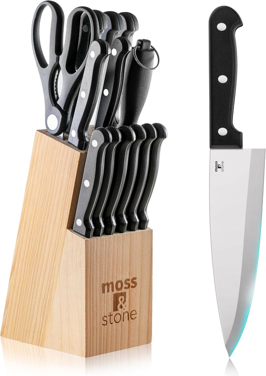 Moss & Stone 14 Pcs Knife Block Set Stainless Steel, Premium Forged Kitchen Knives Set with High-Carbon Blades, Ergonomic Handle, Sharp Blade, Rust Resistant, Modern Style for Home & Chef, Black
