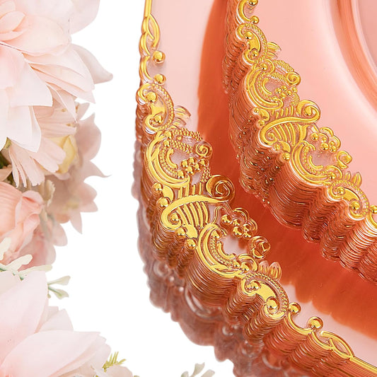 Hioasis 175pcs Clear Pink Plastic Plates - Elegant Disposable Dinnerware Set Suitable for 25 Guests Include 10.25" Dinner & 7.5" Dessert Plates, Cutlery, Napkins, Cups for Party & Wedding