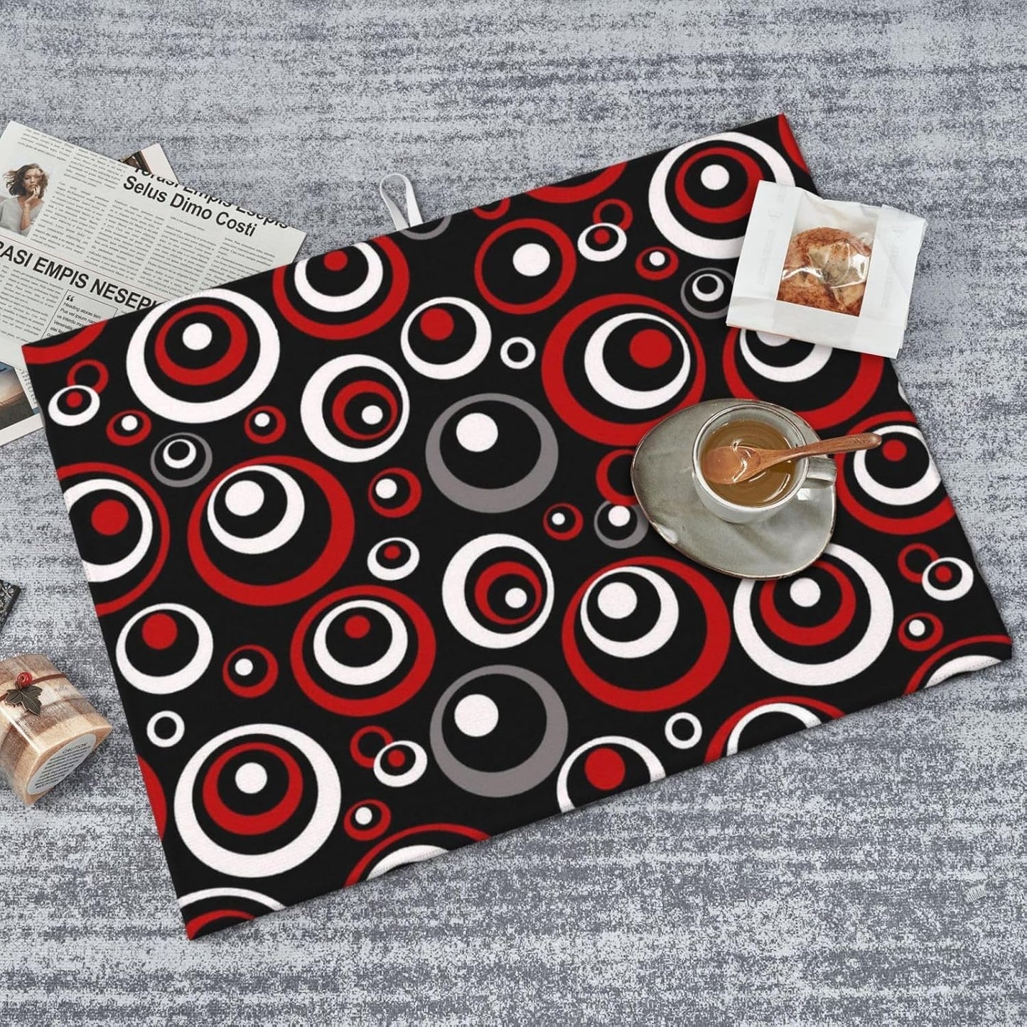 Red Black White Retro Geometric Circle Dish Drying Mats for Kitchen Counter & Sink, Modern Art Kitchen Drying Pad, 18" x 24" Absorbent Reversible Foldable Dish Drainer Rack Mats, Home Decor Black Red