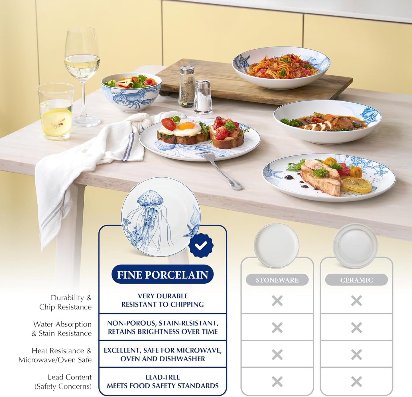 Minh Long 12-PCS Porcelain Coastal Dinnerware Set, Plates, Bowls, Service for 4, Chip & Scratch Resistant, Oven Safe up to 482°F, Non toxic, Lead & Cadmium Free, Stackable, Dishwasher & Microwave Safe