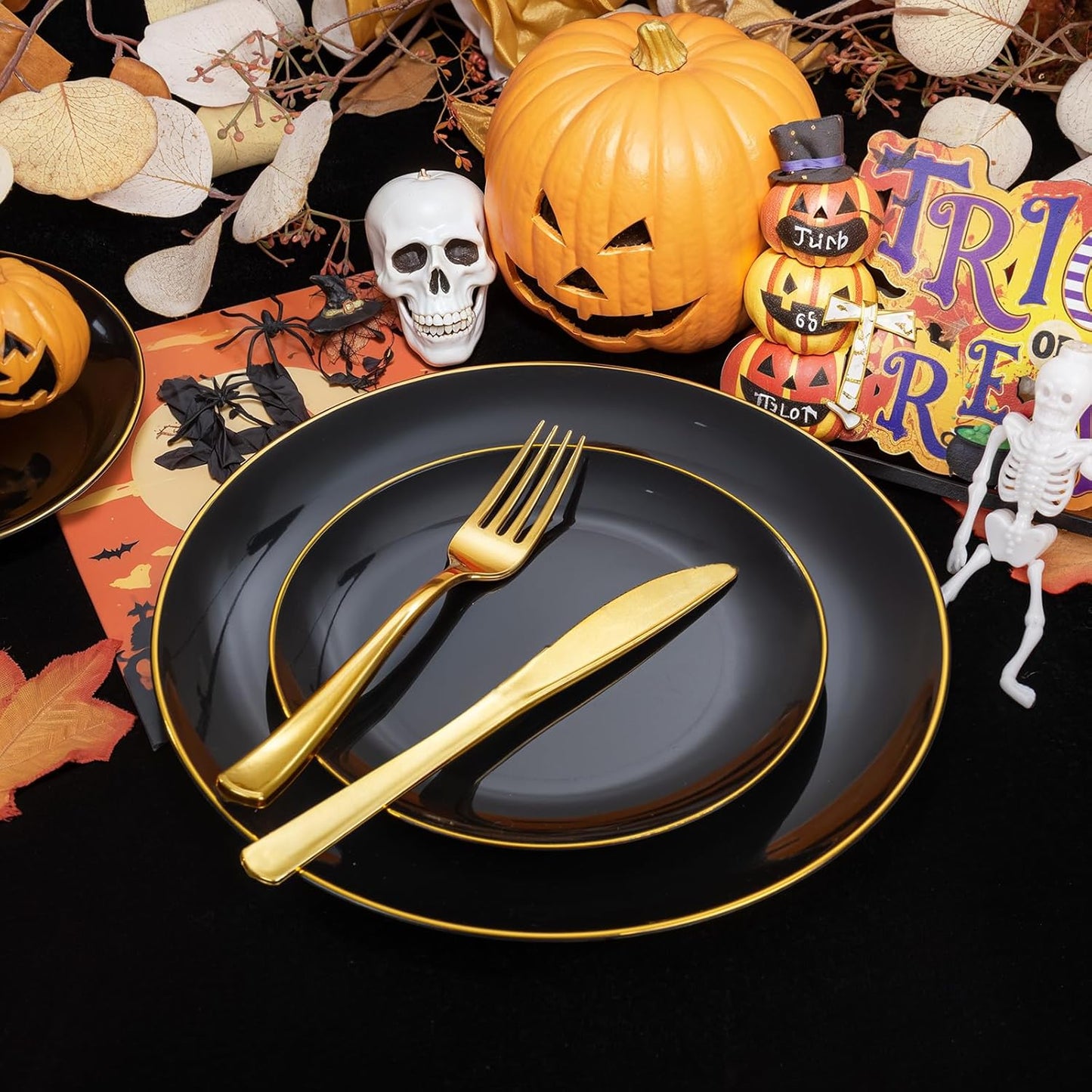 WDF 150PCS Black Plastic Plates - Black and Gold Plates Disposable - 25guest Disposable Dinnerware Sets for Party/Wedding/Halloween/New Year