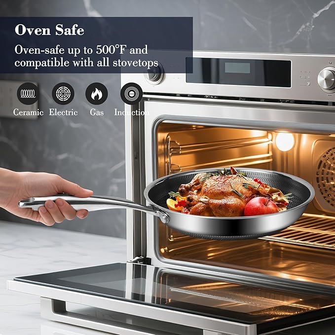 Frying Pan Non Stick 8 Inch with Stainless Steel Lid, Hybrid Non Stick Stainless Steel Skillet Frying Pan, Dishwasher and Oven-Safe Chef Pan, Induction Compatible Cooking Pan, PFOA Free Cookware