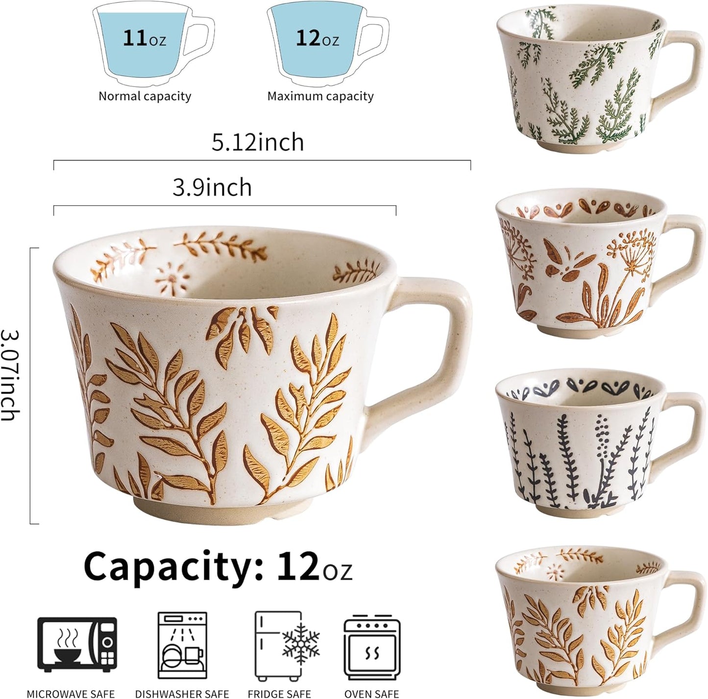 Ceramic Mugs Set of 4, 11oz Cups Set & 4 Gold Spoons, Large Coffee Mugs, Unique Embossment Plant Cups for Latte Tea Cappuccino Mocha Cocoa, Housewarming Wedding Gifts Microwave Dishwasher Safe