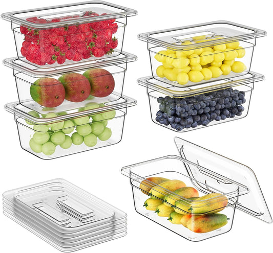 1/4 4'' 6 Pack Plastic Food Pans With Lids, Clear Food Pan, Commercial Stackable Polycarbonate Freezer-Safe for Fruits Vegetables Restaurant Kitchen