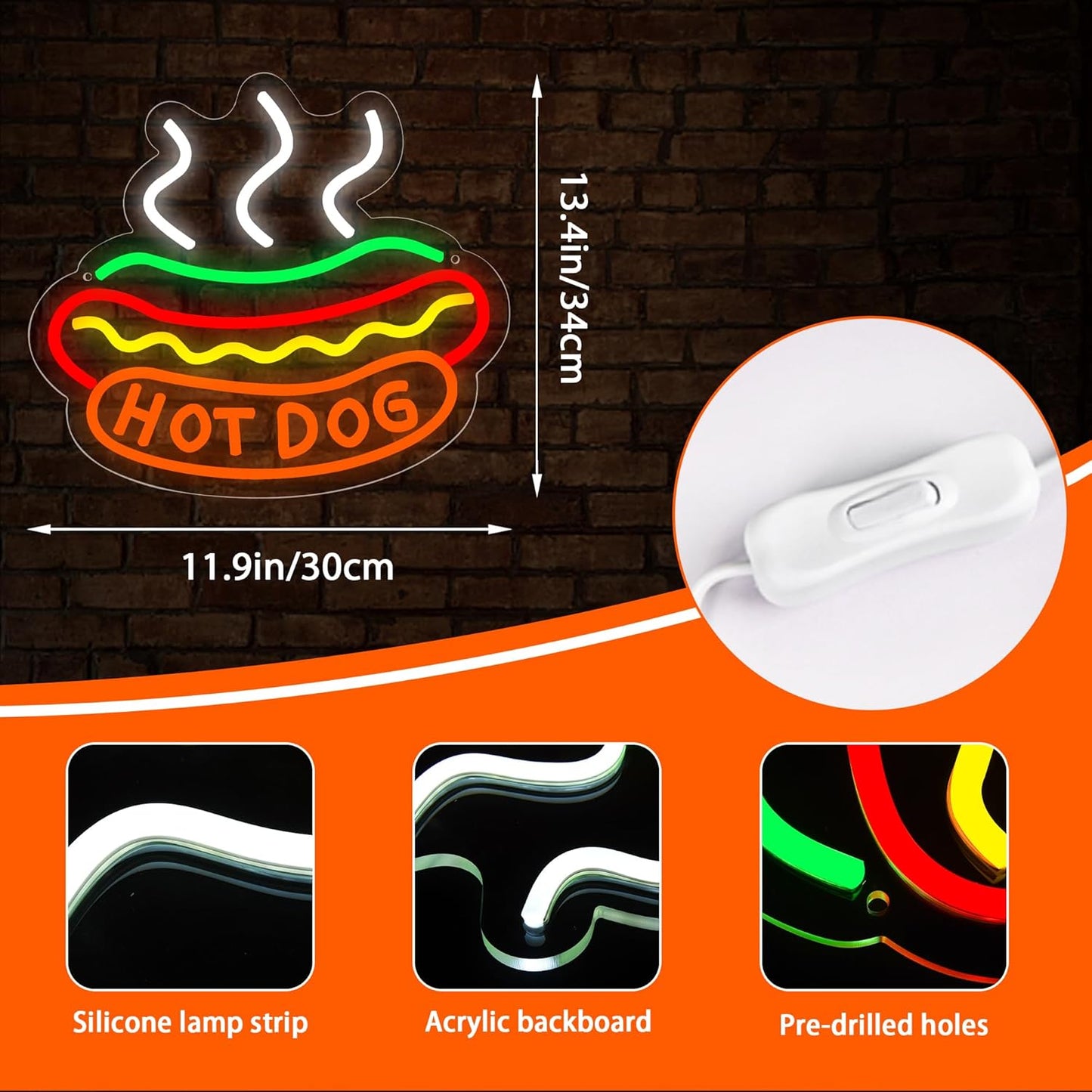 Hot Dogs Neon Sign for Wall Decor, Business Hot Dog LED Light,Fast food Neon Light Decor for Restaurant,Kitchen,Party,Food Decoration,USB Powered,Size 11.9 * 13.4in(JTD228)
