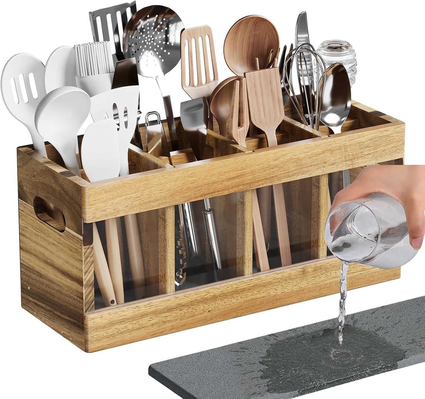 Acacia Rustic Wood Utensil Holder, Extra Large Cooking Holder with Drying Stone Base and 8 Compartments, Farmhouse Kitchen Countertop Organizer