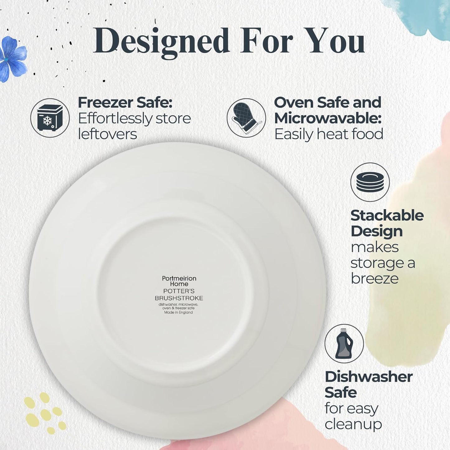 Portmeirion Potter's Brushstroke Oatmeal Bowls (Set of 4) - Elegant Earthenware for Breakfast, Lunch & Dessert - Microwave & Dishwasher Safe Bowls, Handcrafted Stackable Bowl Collection (Grey)