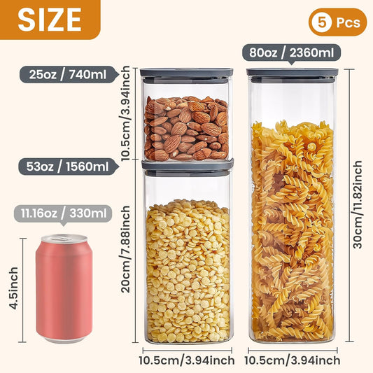 Square Glass Food Storage Jars with Lids[Set of 5], Perfect for Pasta, Cookies, Nuts, Coffee, Cereal, Flour,Organize Your Kitchen with these BPA-Free Glass Jars with Silicone Lids