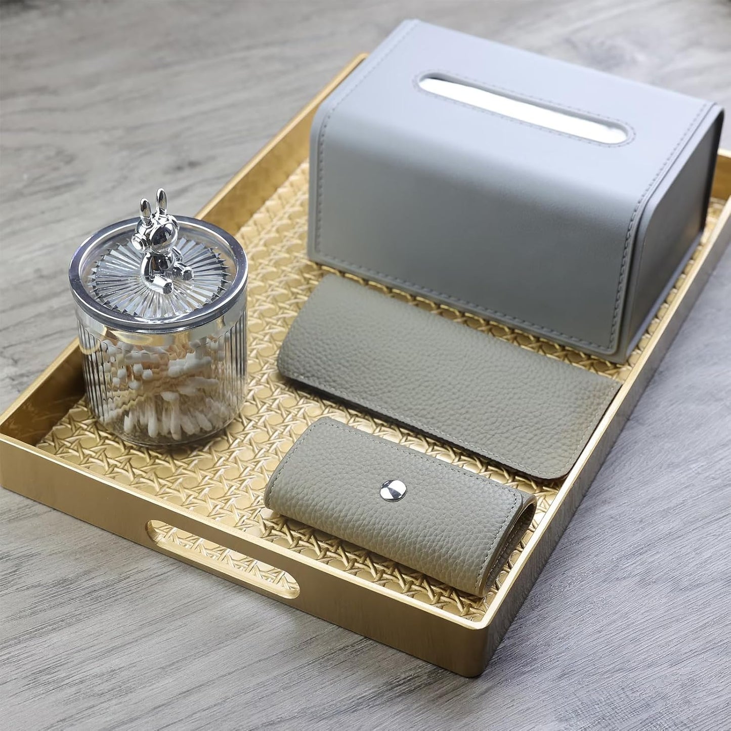 Gold Decorative Coffee Table Tray, Rectangular Plastic Serving Tray with Handles for Living Room, Ottoman, Bathroom, 15.7"*10.2"