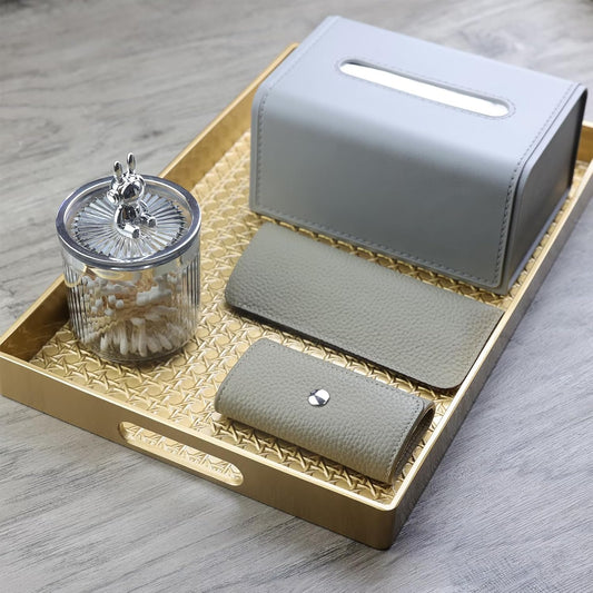 Gold Decorative Coffee Table Tray, Rectangular Plastic Serving Tray with Handles for Living Room, Ottoman, Bathroom, 15.7"*10.2"