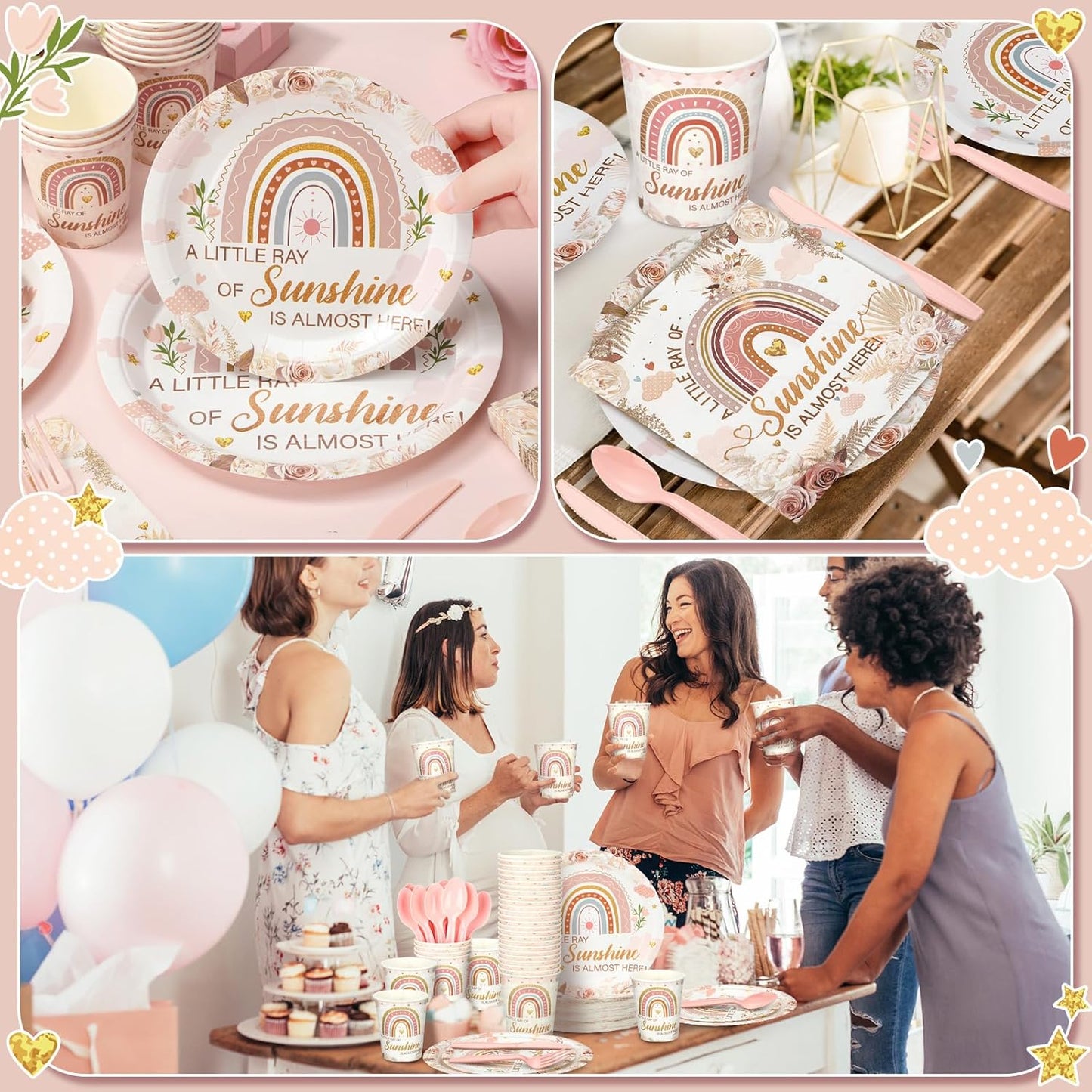 Dandat 350 Pcs Baby Shower Plates Set Baby Shower Party Supplies Serves 50 Tableware Sets Include Plates Napkin Cup Forks Knives Spoons Disposable Dinnerware(Boho Rainbow,Pink)