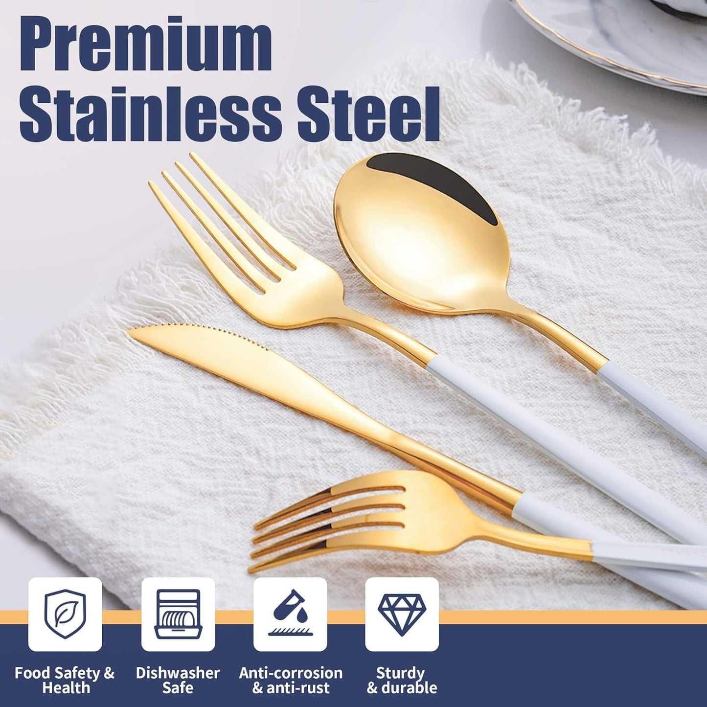 20 Piece White Gold Silverware Set,Stainless Steel Flatware Cutlery Set Service for 4 Including Forks Spoons Knives,Utensil Set,Tableware for Home and Restaurant, Dishwasher Safe