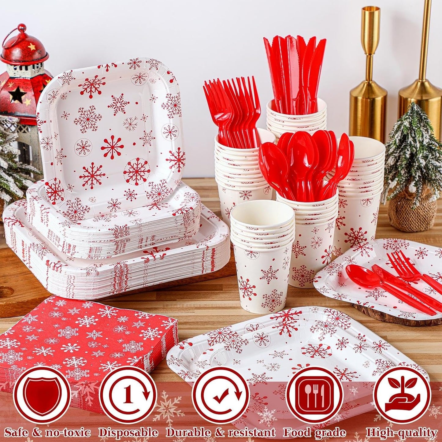350 Pcs Paper Plates and Napkins Set Disposable Dinnerware Party Supplies Tableware Serve 50 Guest Cups Knife Forks Spoon(Red,White,Snowflake)
