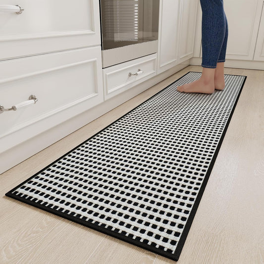 Long Kitchen Runner Rugs Kitchen Mat Non Slip Washable, Super Absorbent Soft Chenille Braided Kitchen Mats for Floor, Rubber Backing Kitchen Floor Sink Standing Mat, Easy Clean, Black 17"x71"