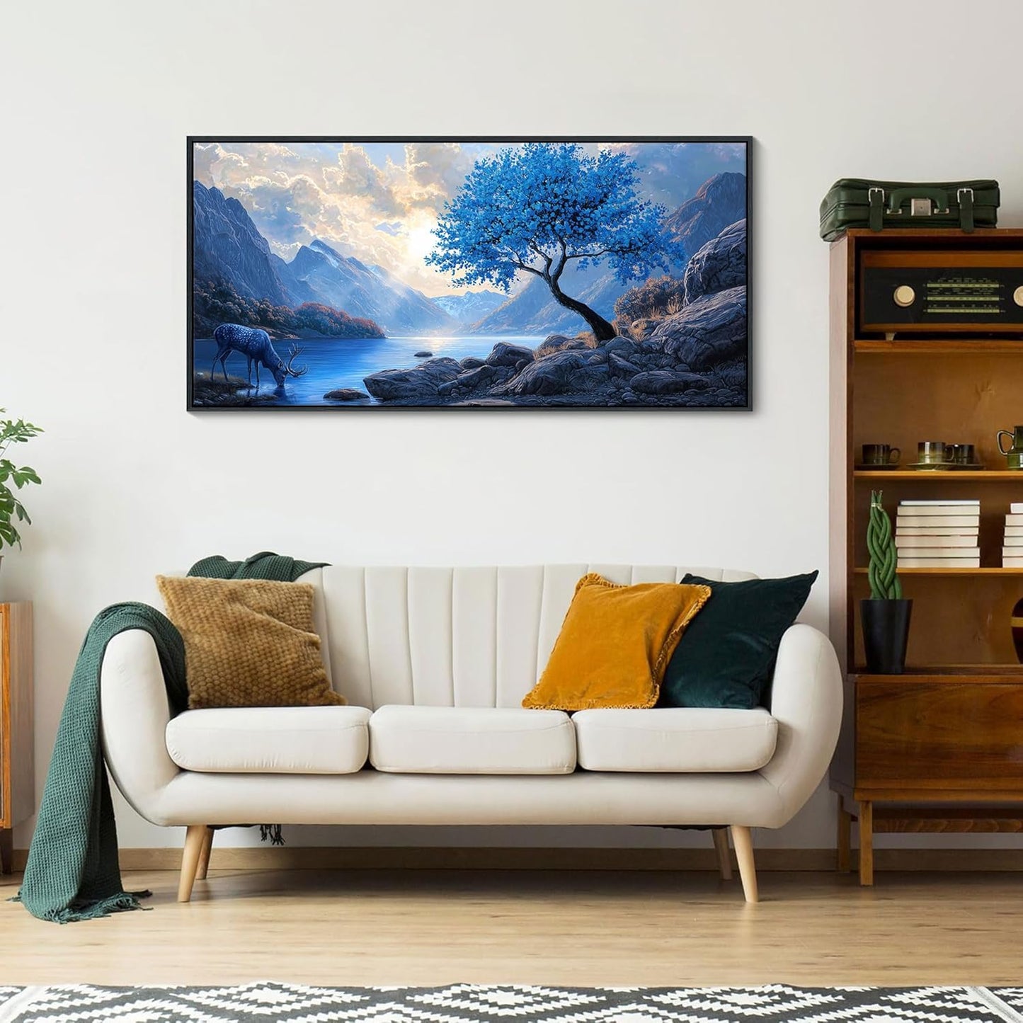 HKDGOKA Blue Tree Landscape Wall Art - Mountain Lake Clouds Sunset Framed Painting Eagles & Deer Scenery Wall Picture for Artwork for Living Room Kitchen Farmhouse Modern Bedroom Decor 20x40 IN