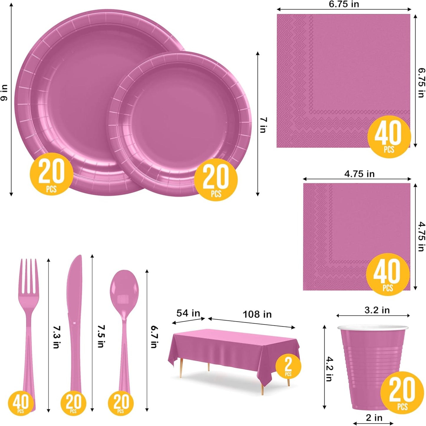 222 Pcs Hot Pink Paper Plates and Napkins Sets, Disposable Plates For Party, Lunch & Cocktail Napkins Paper, 18oz Plastic Cups, Cutlery and Hot Pink Table cloth Plastic Dinnerware Set