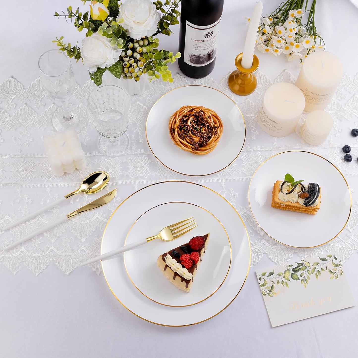 300 PCS White Gold Plastic Utensils for 100 Guests, Gold Disposable Silverware with 100 Knives, 100 Spoons and 100 Forks, BPA Free, Ideal for Weddings, Birthdays & Party