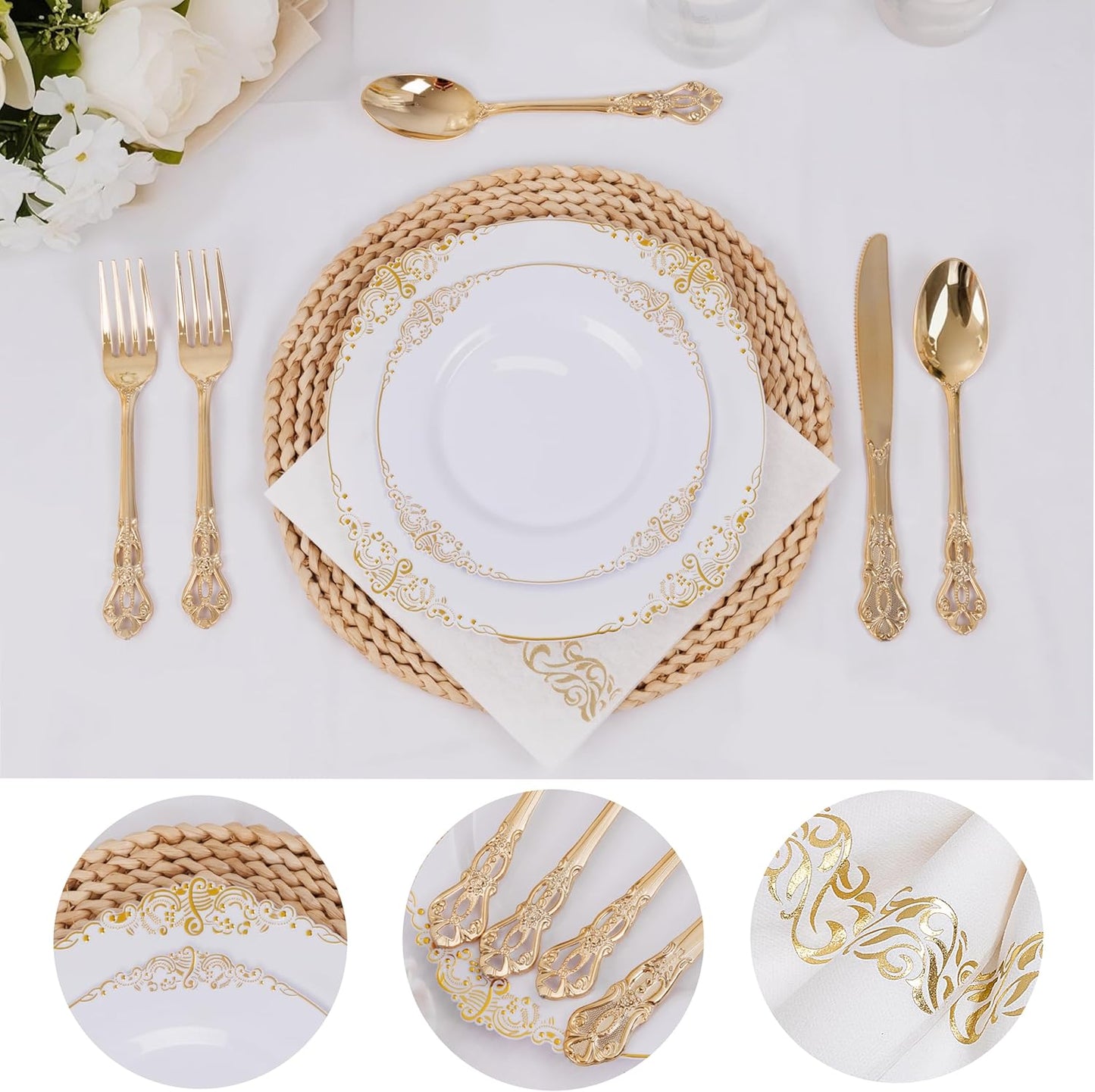 Ciaell 300PCS White and Gold Plastic Plates - Gold Disposable Dinnerware Sets for 50 Guests - 100 Plates, 50 Knives, 50 Forks, 50 Spoons, and 50 Napkins for Wedding, Anniversary, Party & Thanksgiving