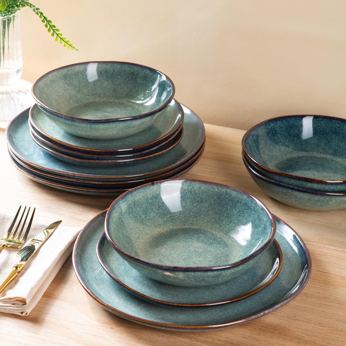 AmorArc Ceramic Dinnerware Sets,Handmade Reactive Glaze Stoneware Plates and Bowls Sets,Highly Chip and Crack Resistant | Dishwasher & Microwave Safe Dishes Set,Service for 4 (12pc)